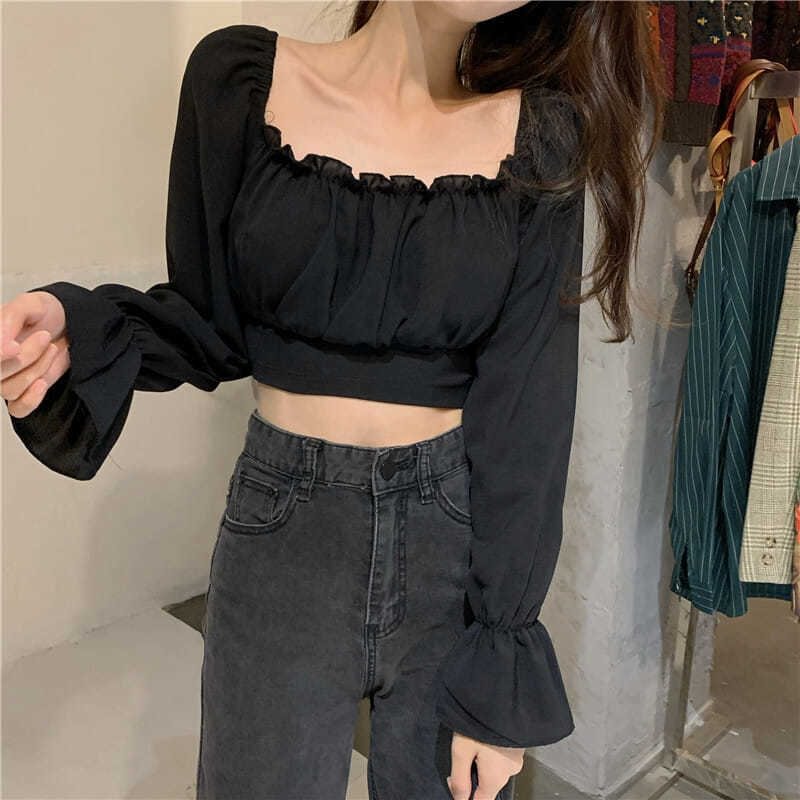 Vintage Blouse Women Sexy Off Shoulder Top Backless Lace Up Cropped Shirt Long Sleeve Casual Chiffon Tee Shirts Club Party