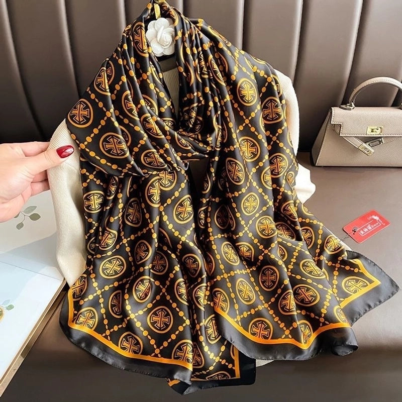 Women’s Fashion Letter Plaid Satin Printing Silk Scarves
