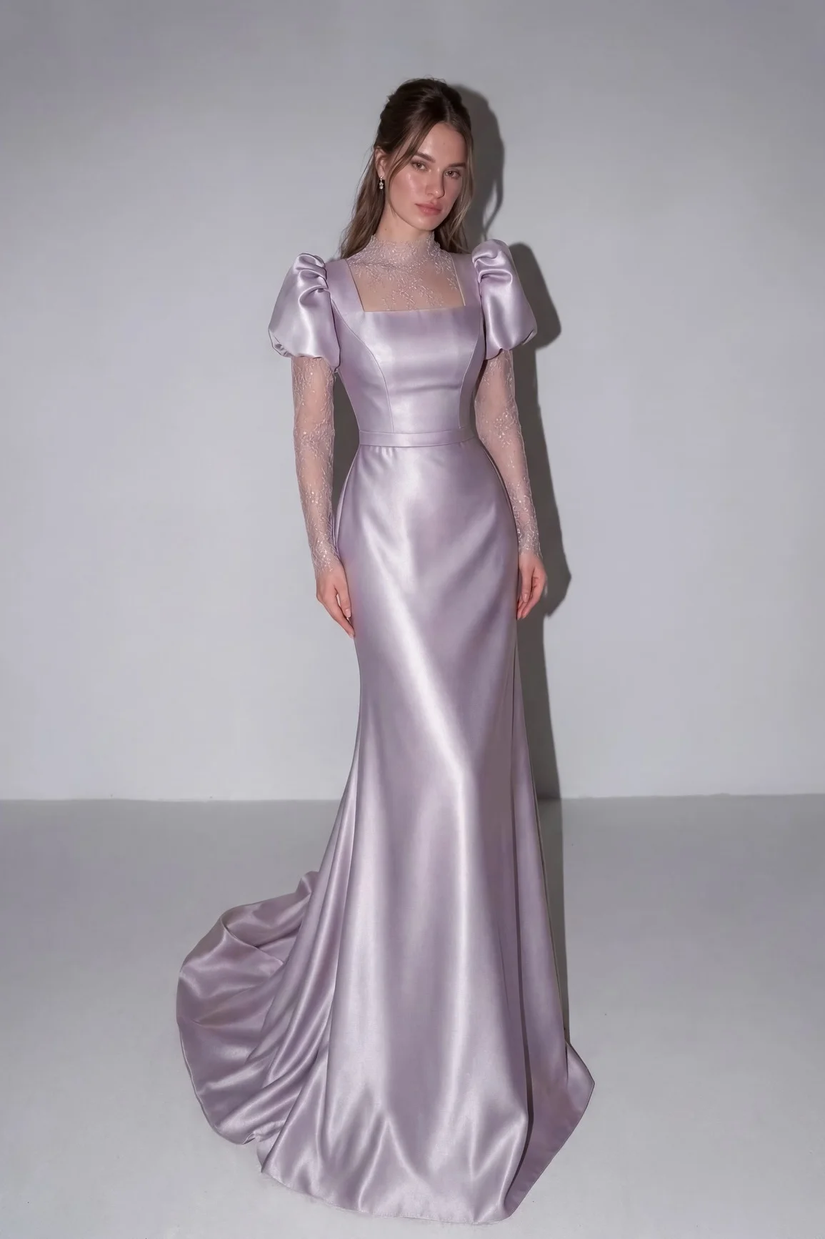 Lussooy Lilac Mermaid High Neck Prom Dress Long Sleeves in Satin with Lace