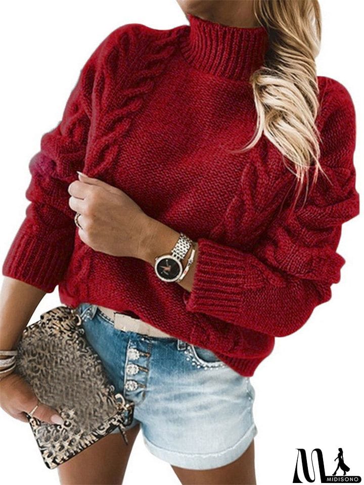 MidiSono - Casual Twisted Solid Color High-Neck Long-Sleeved Knitted Sweater