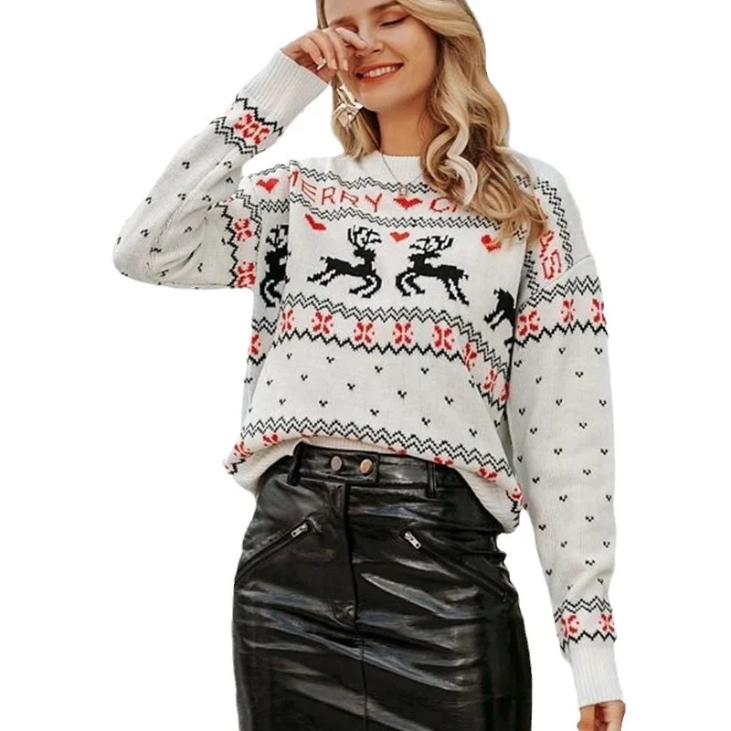 Athvotar Athvotar New Loose Round-Neck Christmas Deer Pattern Knitted Knitted Sweater