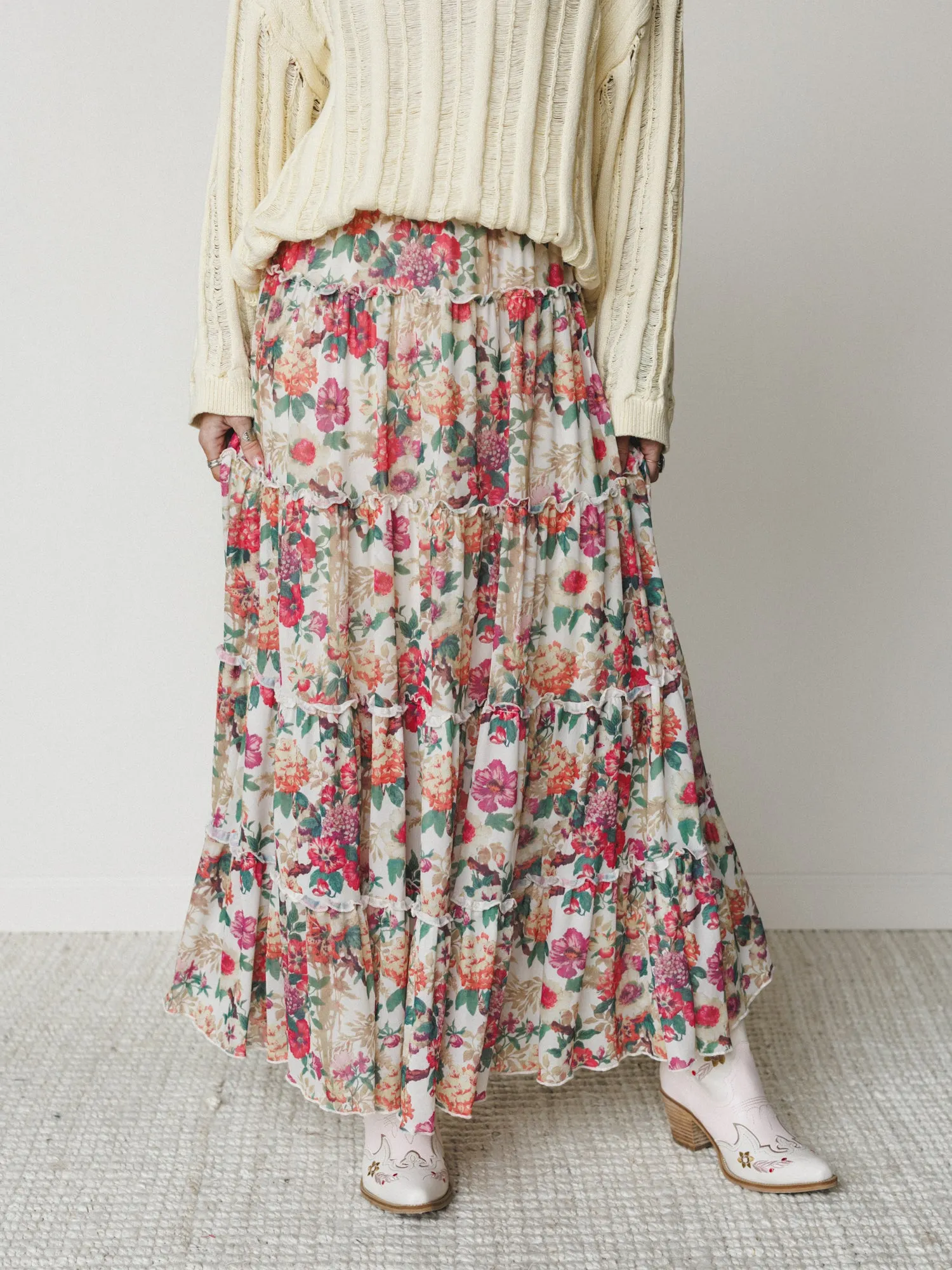 Floral Maiden Maxi Skirt - Cream Pink