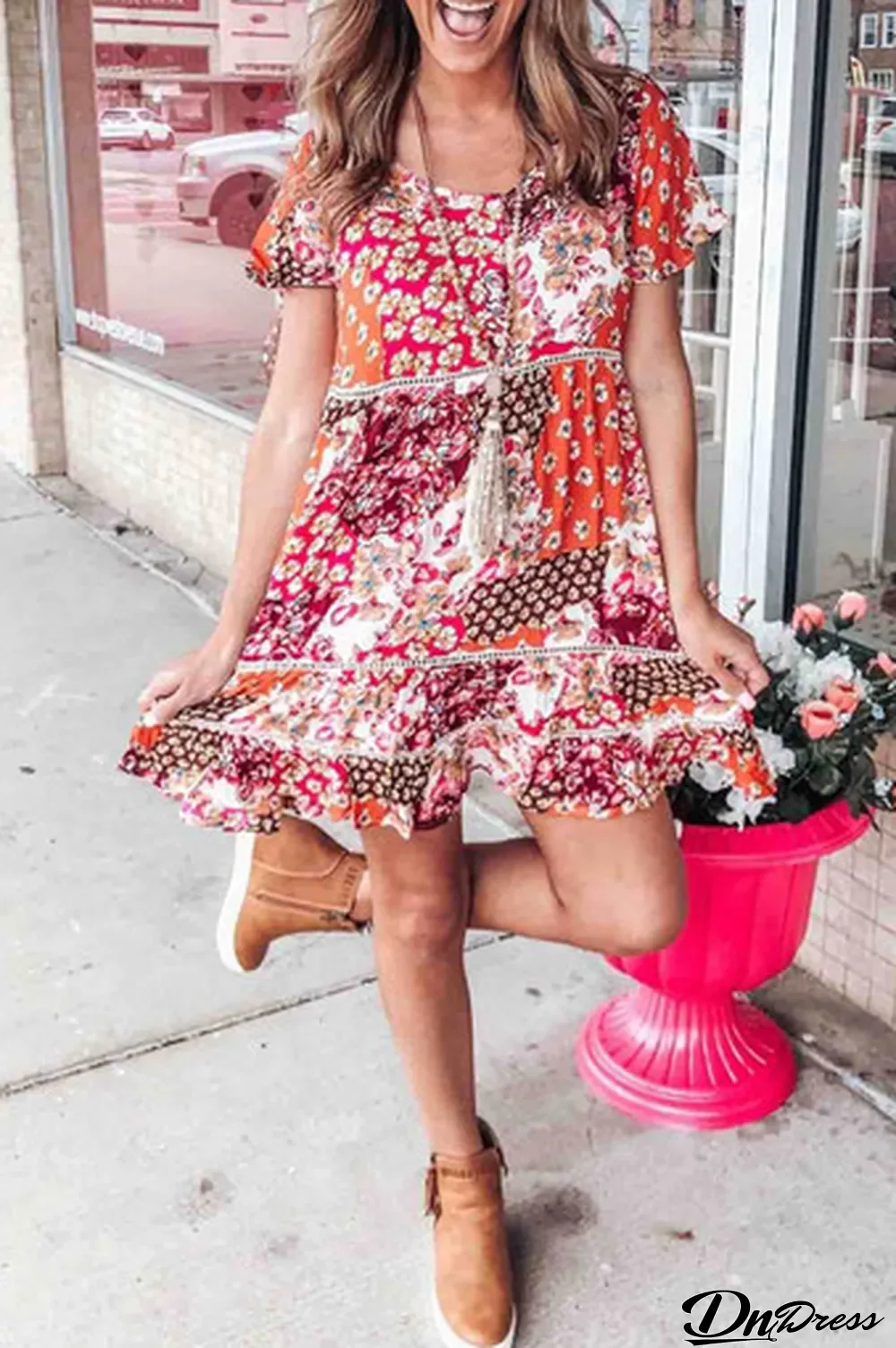 Multicolor Vintage Boho Print Short Sleeve Shift Dress
