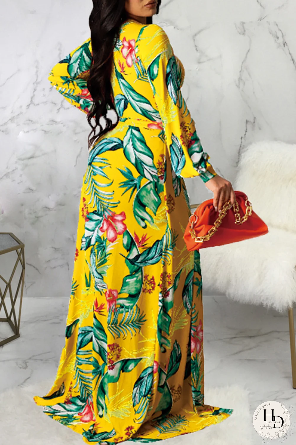 Yellow Sexy Print Split Joint V Neck Irregular Dress Dresses