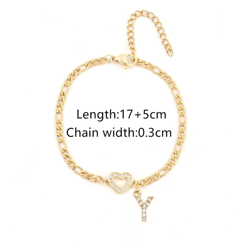 201 Stainless Steel Copper Inlay Letter Heart Shape Zircon Copper Bracelets