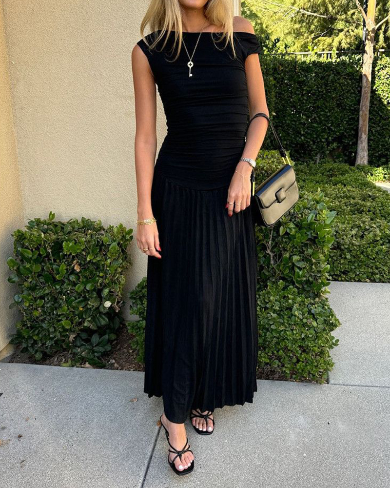 Ruched Pleated Detail Off Shoulder Maxi Dress