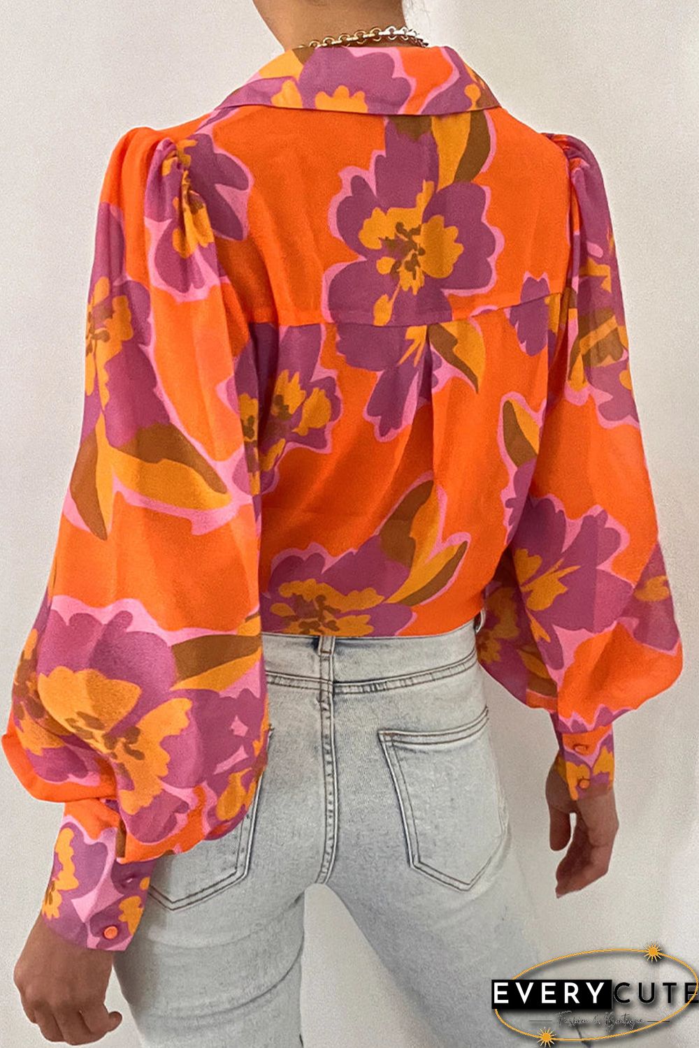 Orange Floral Print Lantern Sleeve Shirt