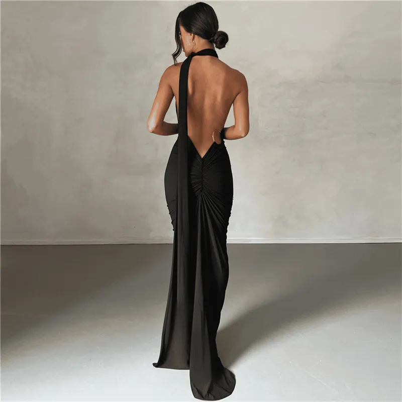 Uveng Uveng New Summer Women's Dress Sexy Back Hanging Neck Bag Hip Slim Evening Dress Dress Woman