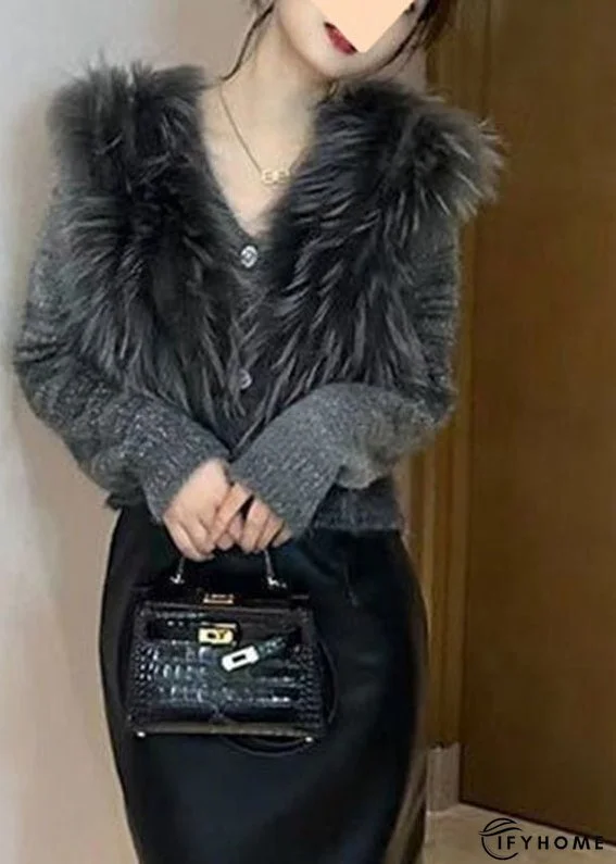 Art Grey V Neck Fur Collar Cotton Knit Sweater Winter | IFYHOME