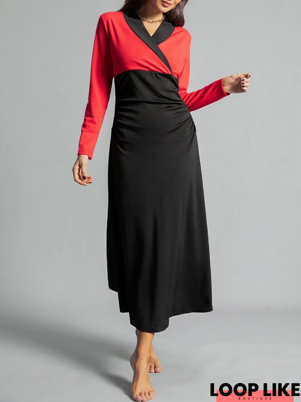 Long Sleeve Patchwork V Neck Knitting Dress