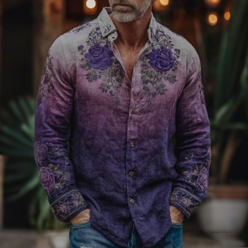 Men's Vintage Purple Flower Gradient Art Print Long Sleeve Shirt  artssus