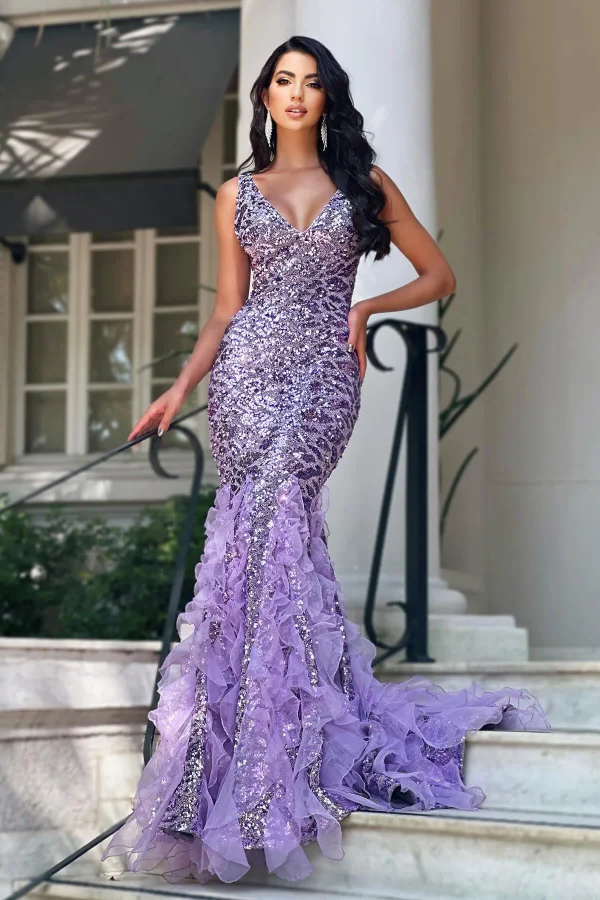 Daisda Shining V Neck Sleeveless Lilac Sequins Prom Dress