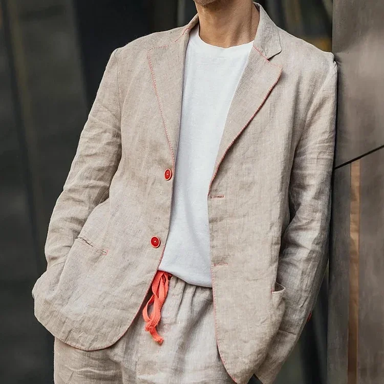 Men's Contrast Embroidered Casual Linen Blazer