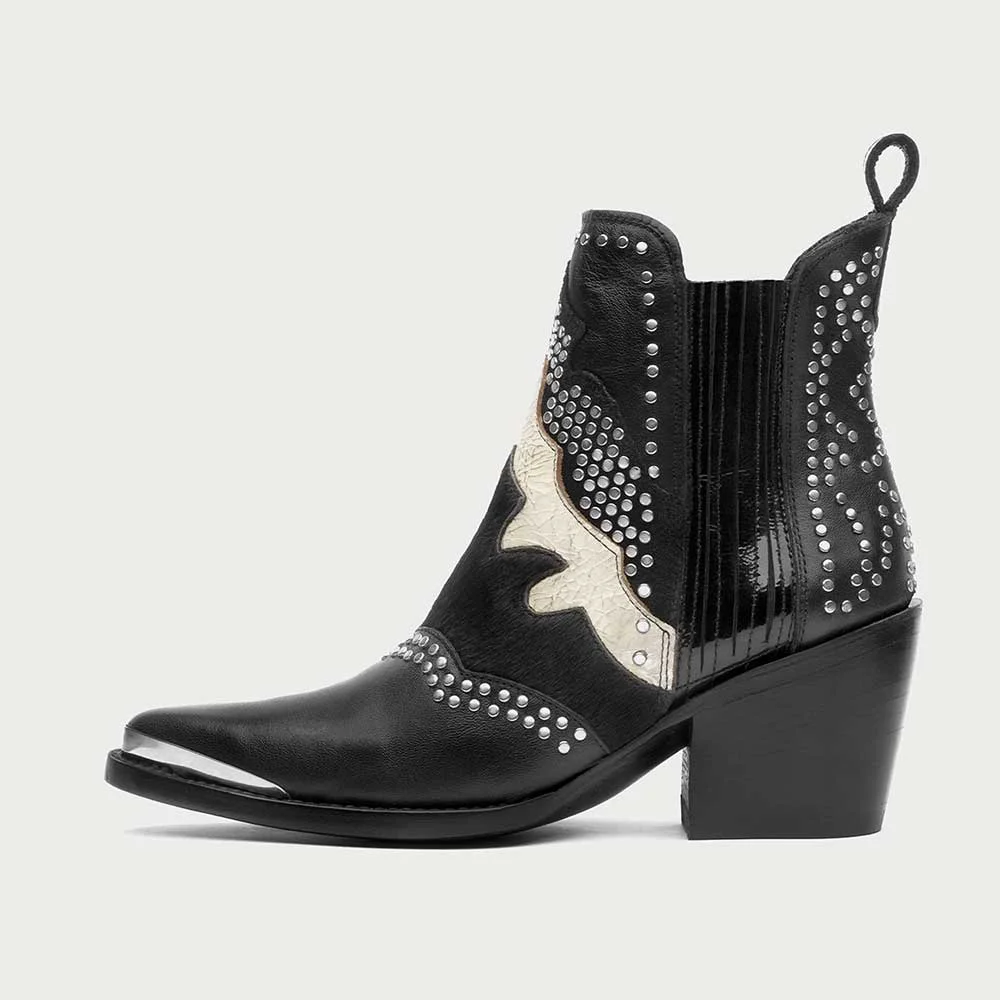 Black Vegan Leather Pointed Toe Chunky Heel Stud Cowgirl Ankle Boots