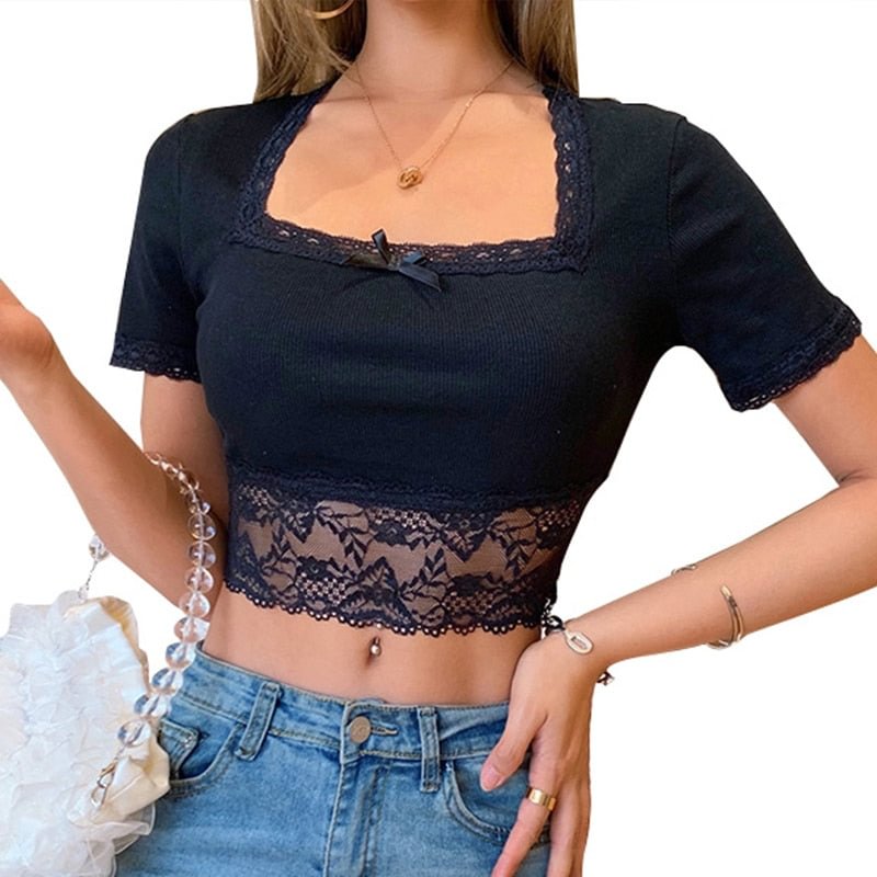 WannaThis Short Sleeve Slash Neck Crop Tops Women Patchwork Hem Laceup Slim Elastic Sexy Summer Vacation Cropped Top Solid White