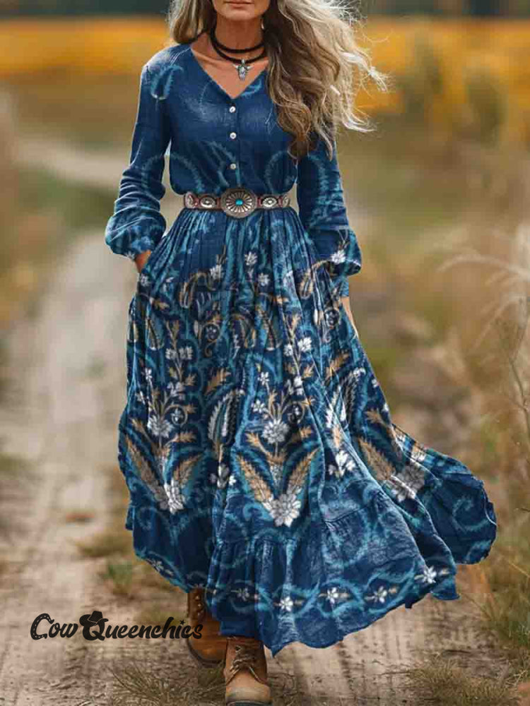Women’s Blue Bohemian Floral Print Pocket Cotton Dress Multicolor / S