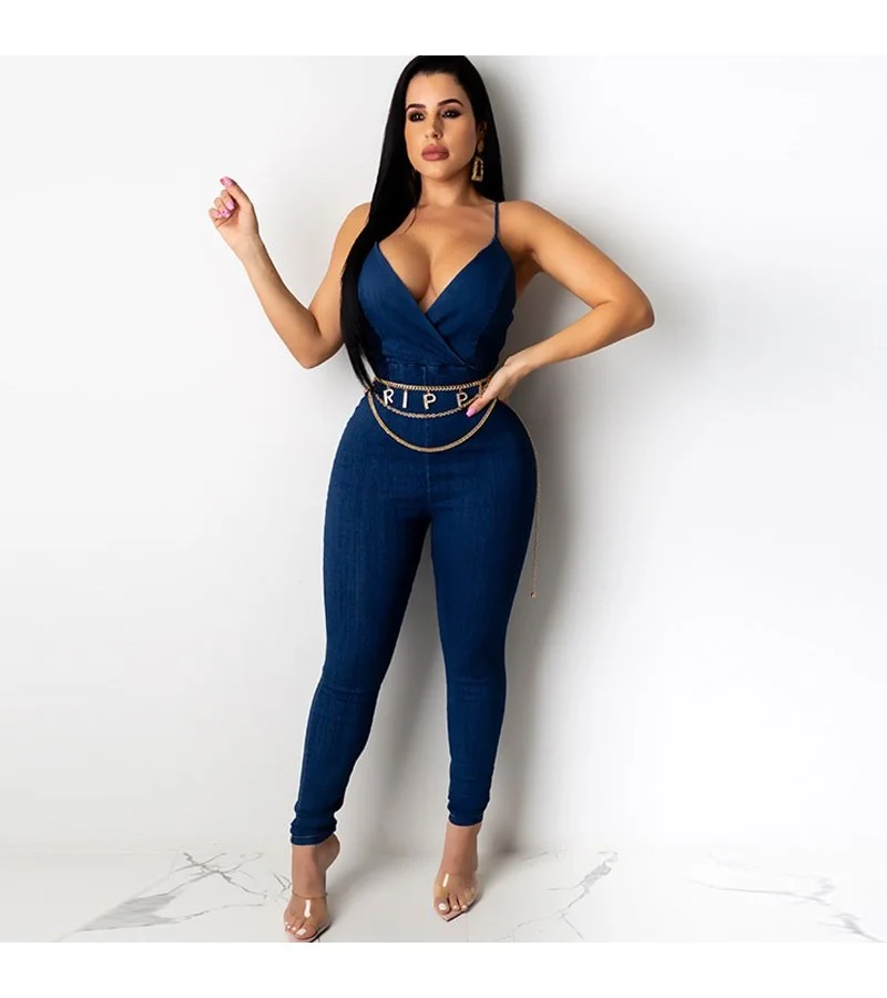 Sexy Backless Patchwork Denim Sling Jumpsuits S-XL