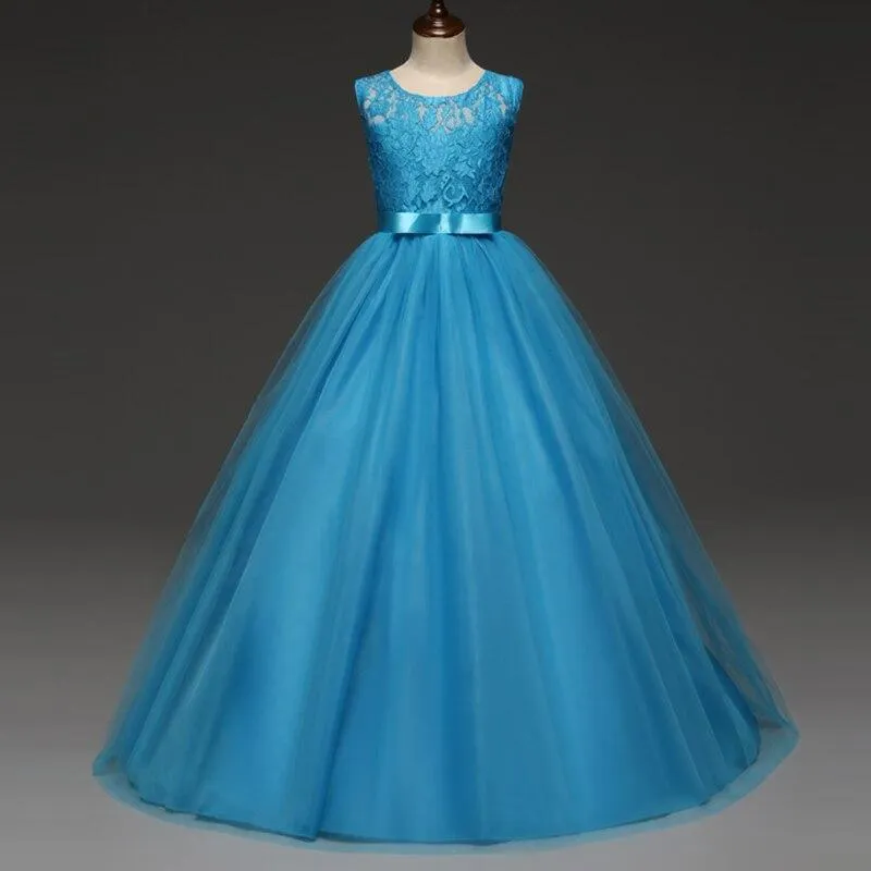 Elegant Kids Dresses for Girls 6-14 Years Teenager Girls Princess Formal Party Long Gown Embroidery Lace Flower Girls Dress