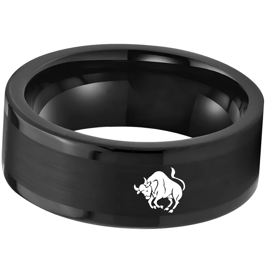 Taurus Tungsten Carbide Rings Black Flat Wedding Bands Comfort Fit Mens and Womens 4MM 6MM 8MM Width