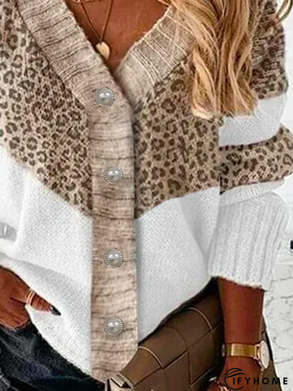 Leopard Cotton-Blend Loose V Neck Sweater | IFYHOME
