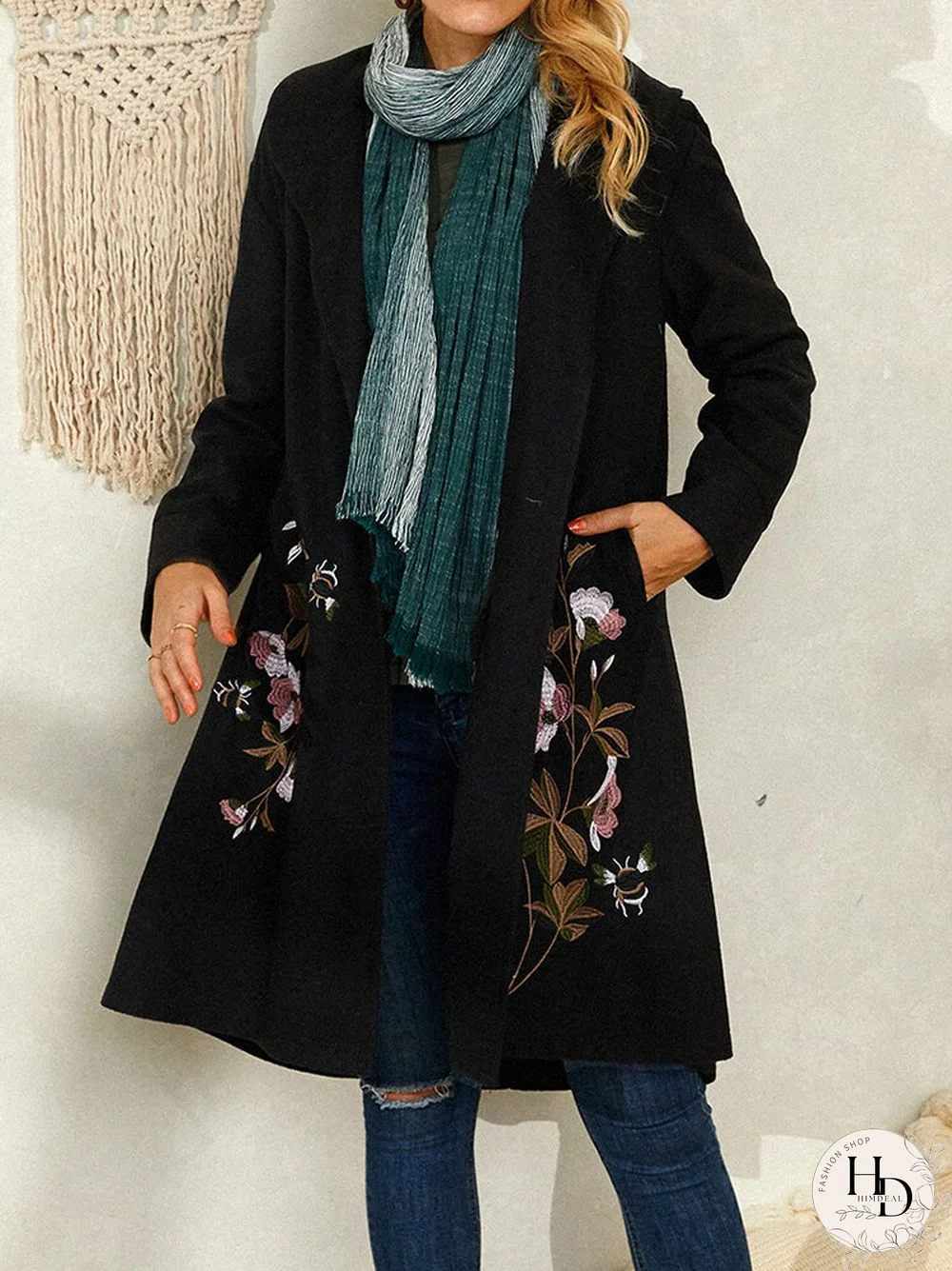 Floral Embroidery Vintage Lapel Collar Coat For Women