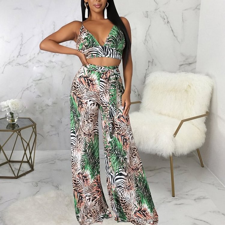 Casual Fashion Printed Crop Top and Wide Leg Pants Two Set