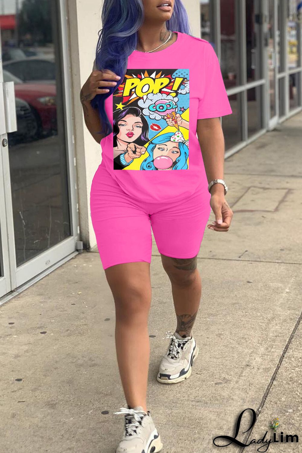 Fluorescent Green Fashion Casual Print Basic O Neck Short Sleeve Two Pieces