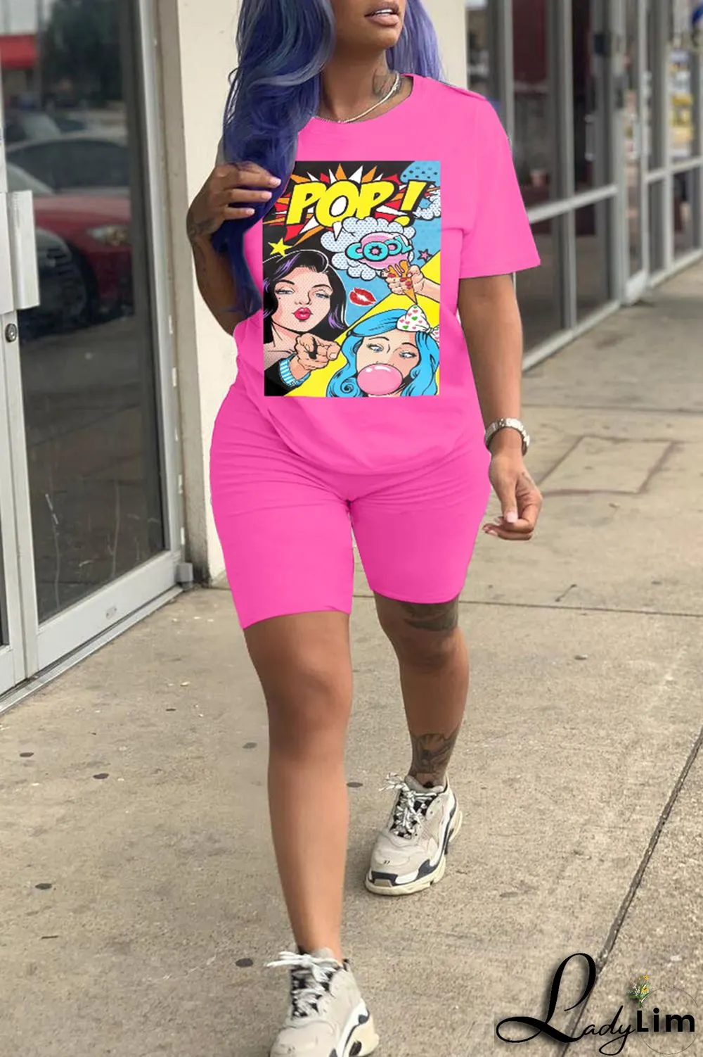 Fluorescent Green Fashion Casual Print Basic O Neck Short Sleeve Two Pieces