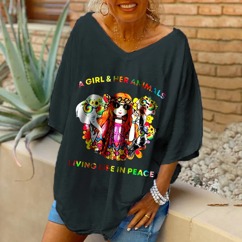 A Girl & Her Aanimals Living Life In Peace Hippies T-shirt