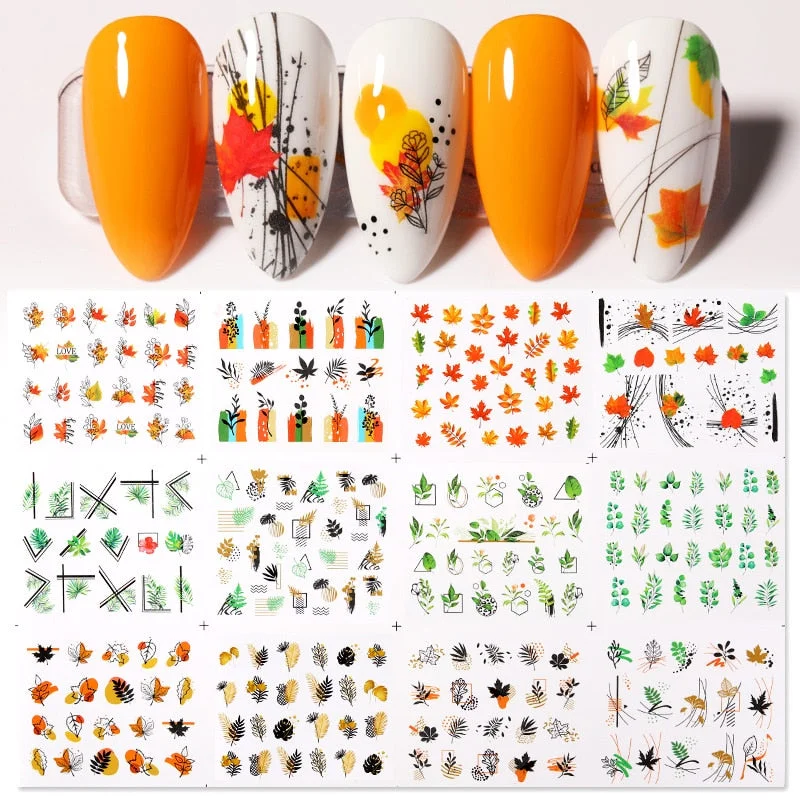 12 Designs Nail Stickers Set Snowflake Floral Geometric Nail Art Water Transfer Decals Sliders Flower Leaf Manicures Decoration