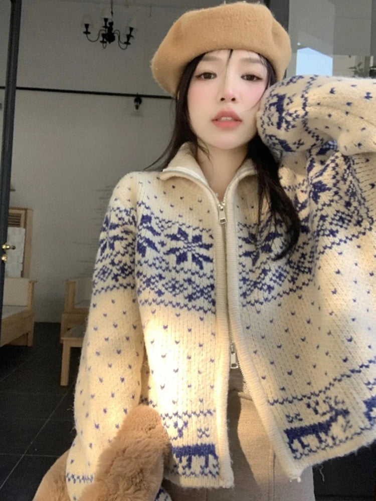 OLCooL 2024 Fall Fashion Snowflake Knitted Sweater Women Japanese Vintage Harajuku Short Cardigan Female Autumn Winter Casual Long Sleeve Zipper Knitwear olcool