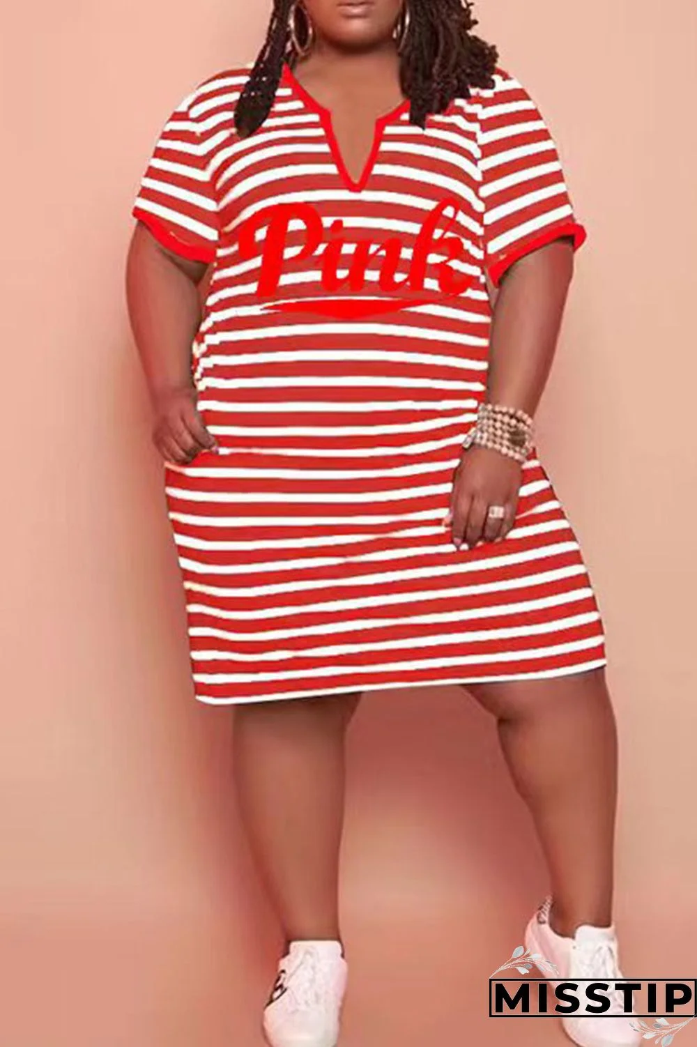 Cyanine Casual Striped Print Patchwork V Neck Straight Plus Size Dresses