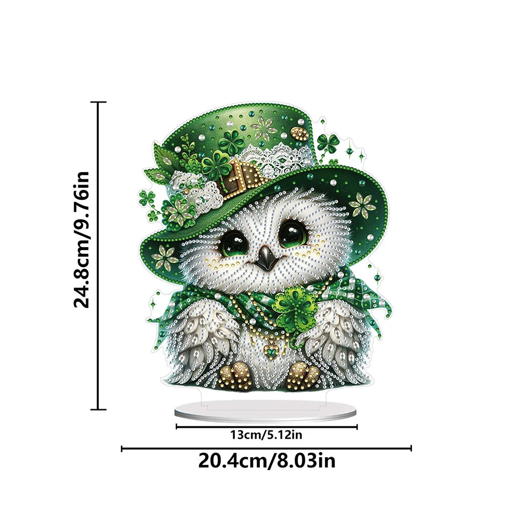 DIY Acrylic St. Patricks Day Owl Special Shape Diamond Painting Tabletop Ornament Creative Home Decor & Gift Idea for Adults - Relaxing Craft Activity