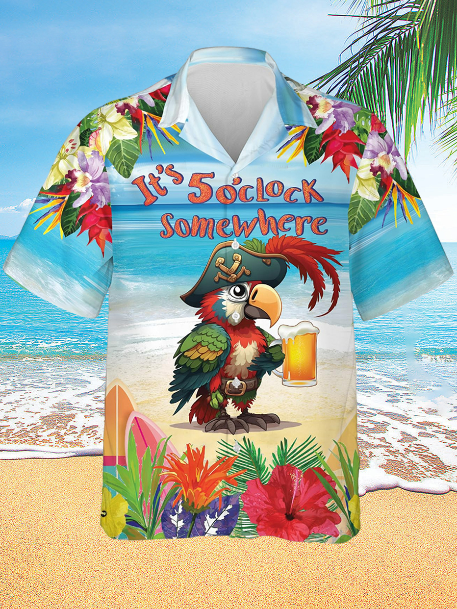 Fun Parrot Hawaii Beach Vacation Print Short Sleeve Shirt PLUSCLOTHESMAN
