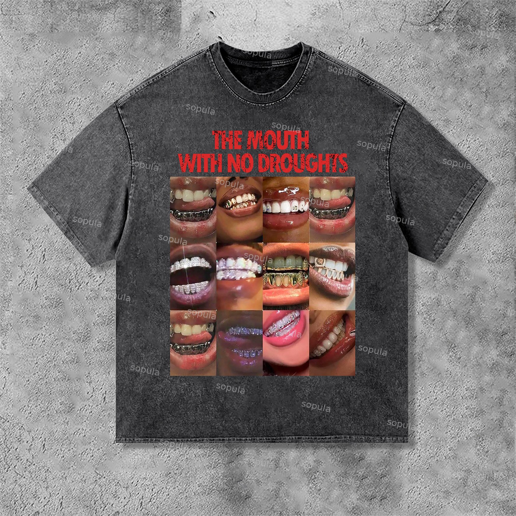 Vintage Lips Graphic The Mouth With No Droughts Print Acid Washed T-Shirt - SOPULA