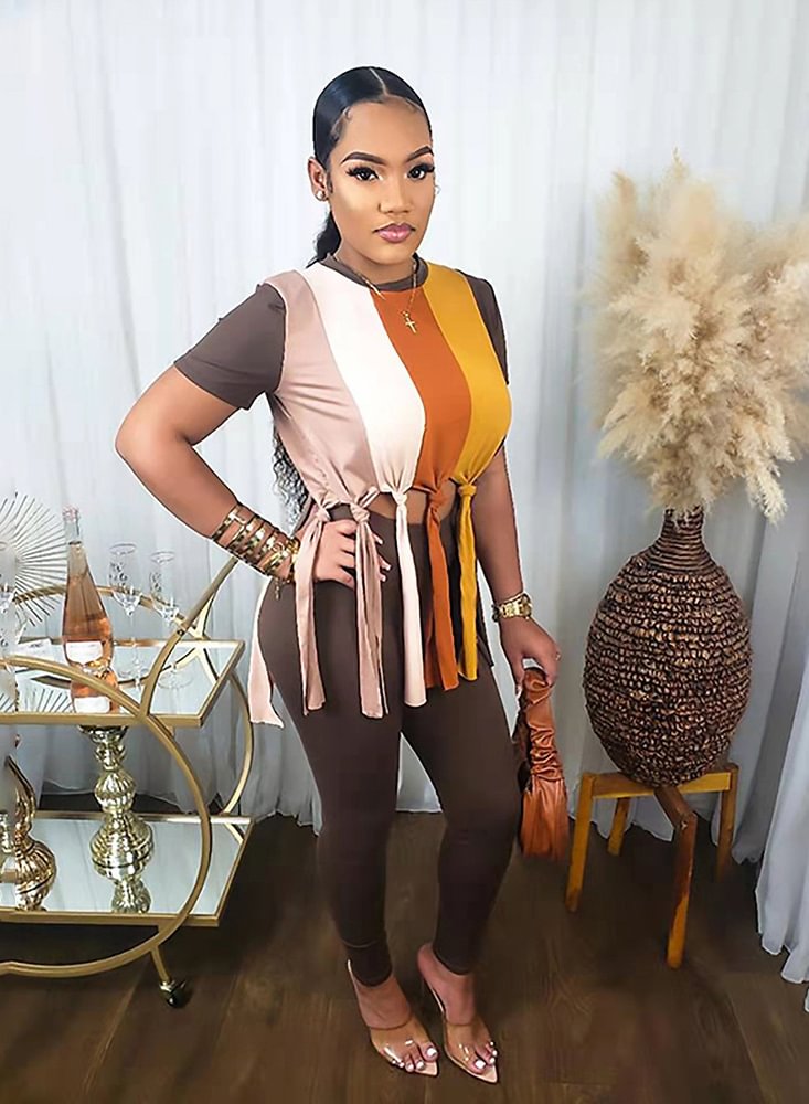 Color Block Fringe Short Sleeve Hem Legging Set