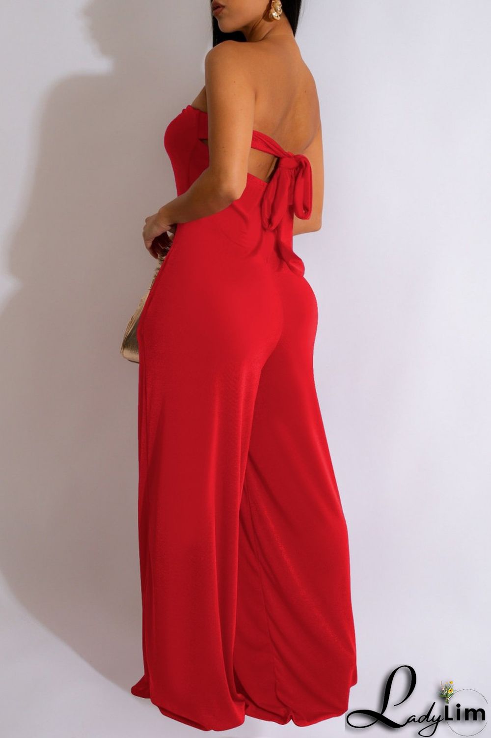 Red Sexy Casual Solid Backless Strapless Regular Jumpsuits