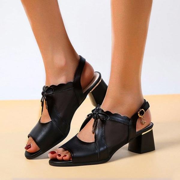  Women Summer Black Mesh Leather Block Heel Sandals
