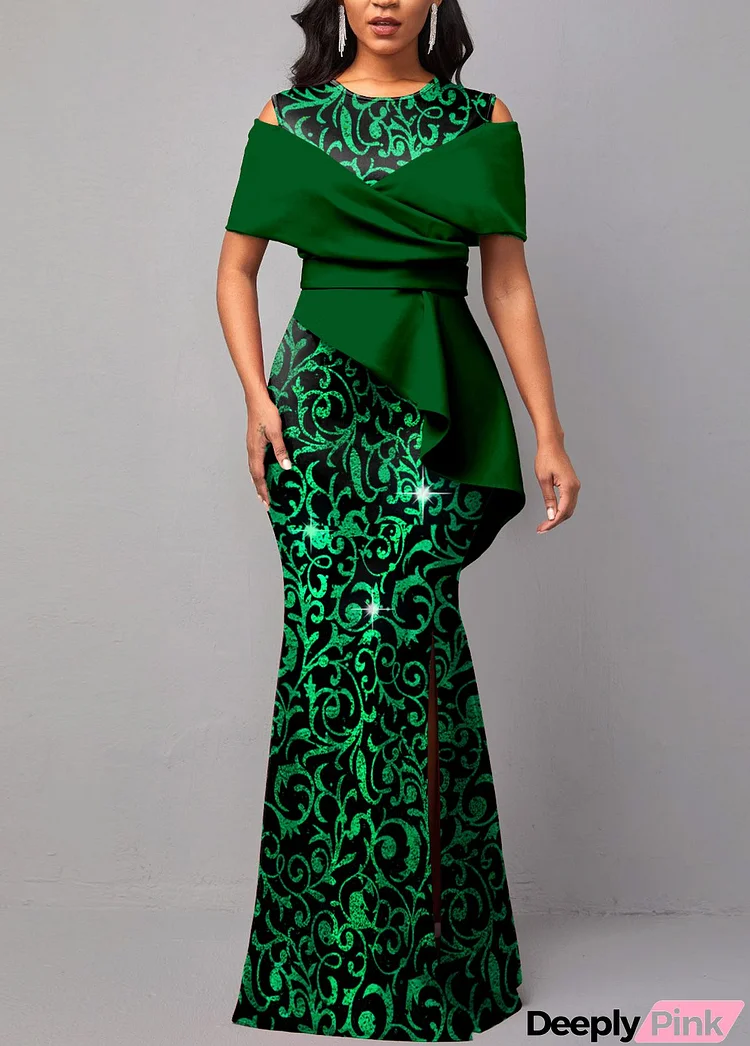 Green Hot Stamping Floral Print Maxi Dress