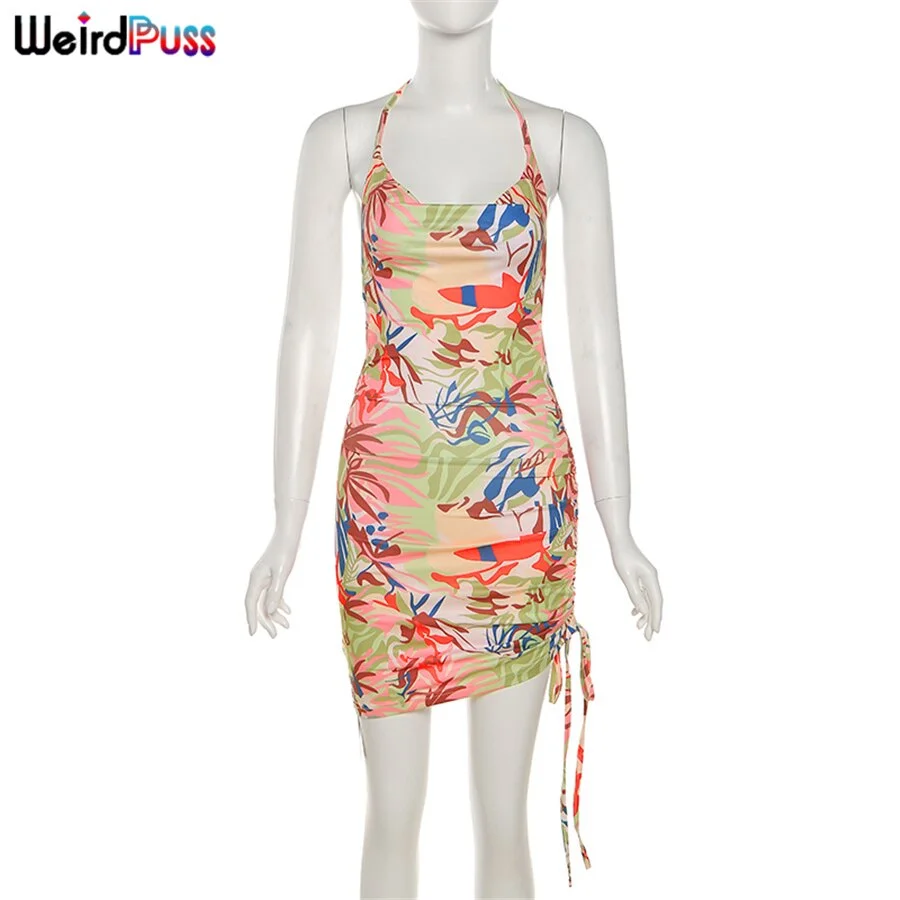 Weird Puss Women Colorful Print Halter Sexy Party Dress Backless Bandage Bodycon Sleeveless Skinny Fashion Streetwear Outfits