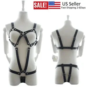 pornhint Pornhint PU Leather Body Harness Bra Catsuit Lingerie Corset Cupless Gothic Punk Clubwear