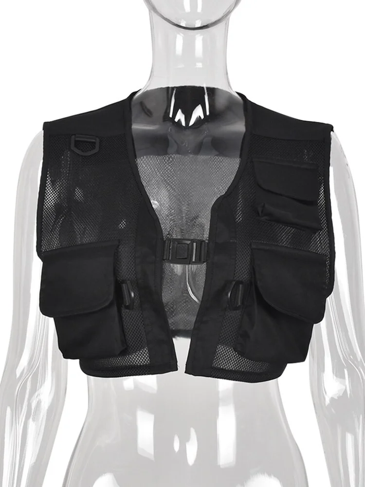 Jangj Moto Biker Grunge Cago Techwear Women Tank Top Crop Vest Workout Street Trendy Button Up Pockets Solid Breathable Short Jackets