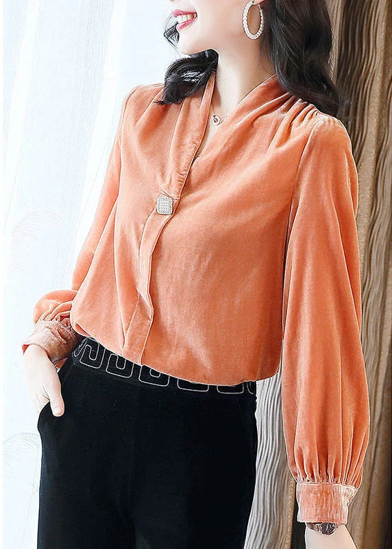 Classy Orange V Neck Solid Patchwork Silk Velour Shirt Top Long Sleeve