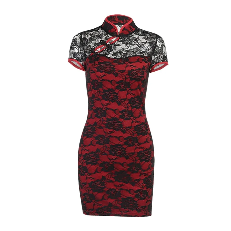 InsGoth Aesthetic Floral Red Dress Goth Vintage Bodycon High Waist Mini Dresses Elegant Short Sleeve Lady Party Dress Cheongsam