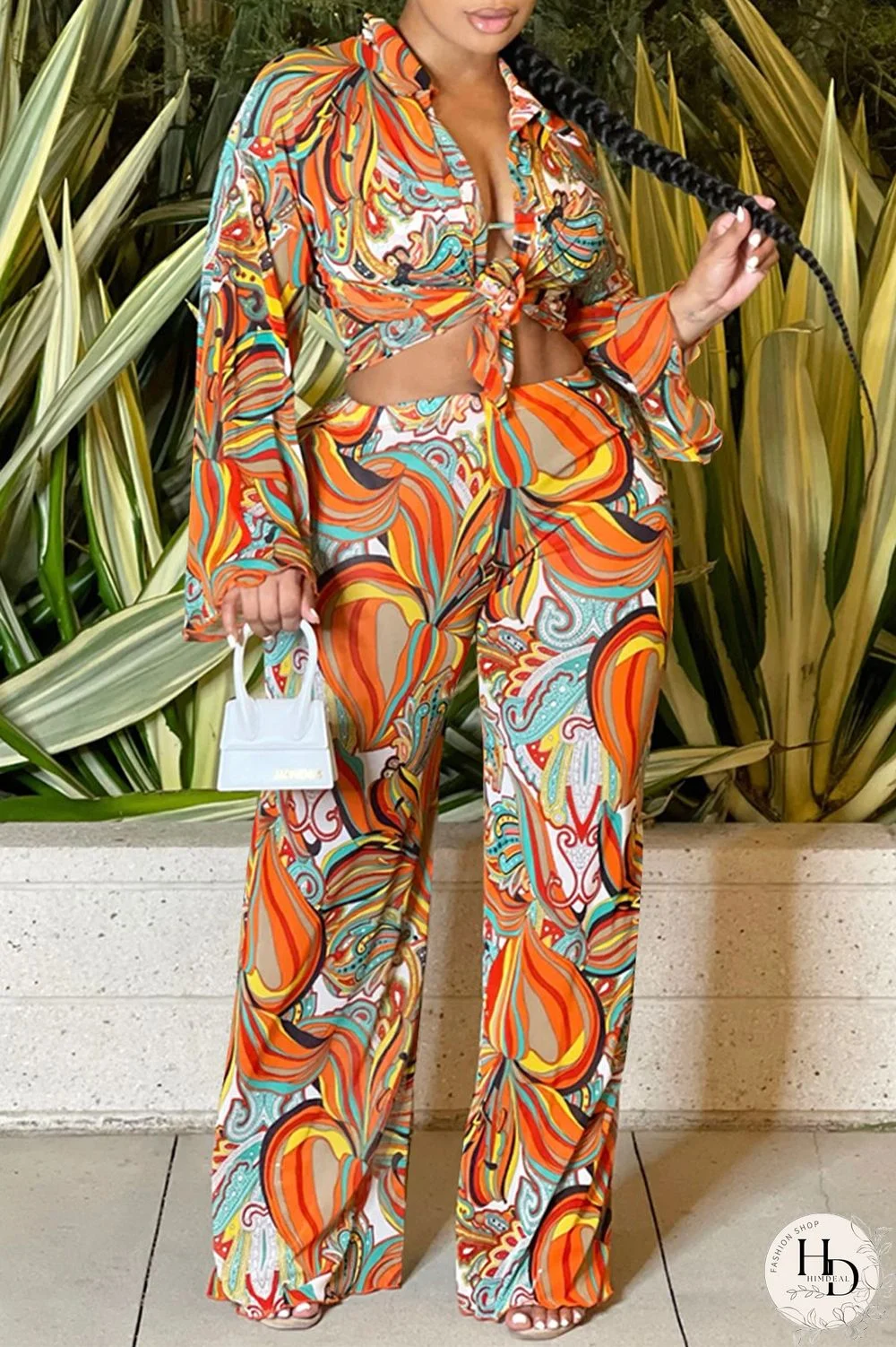 Orange Fashion Casual Print Basic Turndown Collar Long Sleeve Three-piece Set