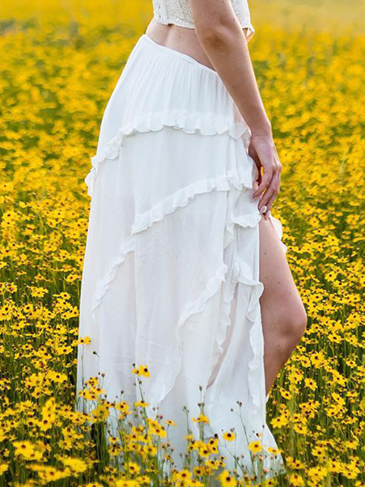 Ootddress White Ruffled Patchwork Long Skirt See-Through For Women Split Summer Beach Holiday Maxi Skirt Women's Fashion Y2k Skirt