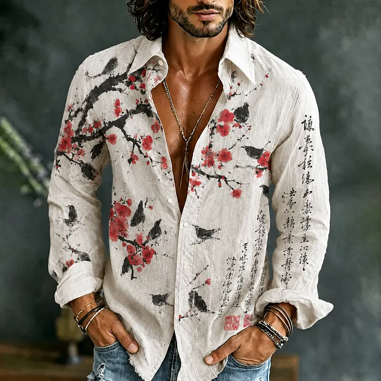 Men's Vintage Japanese Floral Bird Art Casual Cotton Linen Long-sleeved Shirt