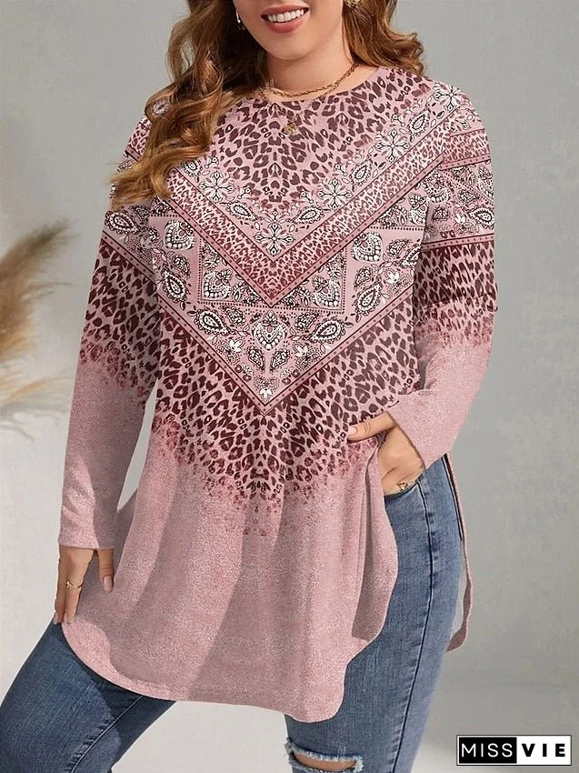 Women's Plus Size Curve Casual Dress Winter Dress T Shirt Dress Tee Dress Leopard Paisley Mini Dress Long Sleeve Print Crew Neck Fashion Outdoor Pink Blue Fall Winter L XL 2XL 3XL 4XL