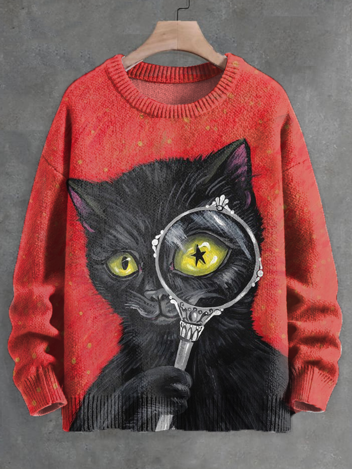 Men's Fun Black Cat Magnifying Glass Art Print Knit Sweatshirt