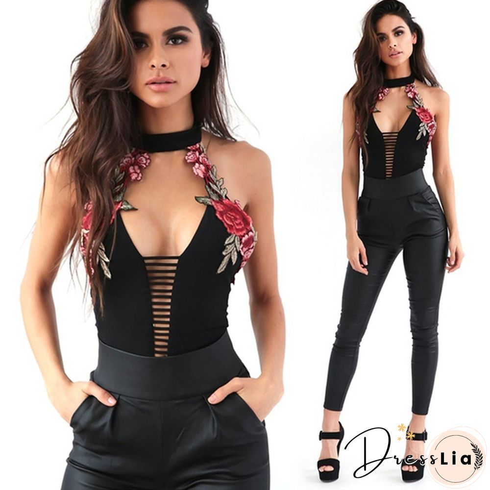 Women's Rose Embroidery Backless Bodysuit High Waist Sexy Rompers
